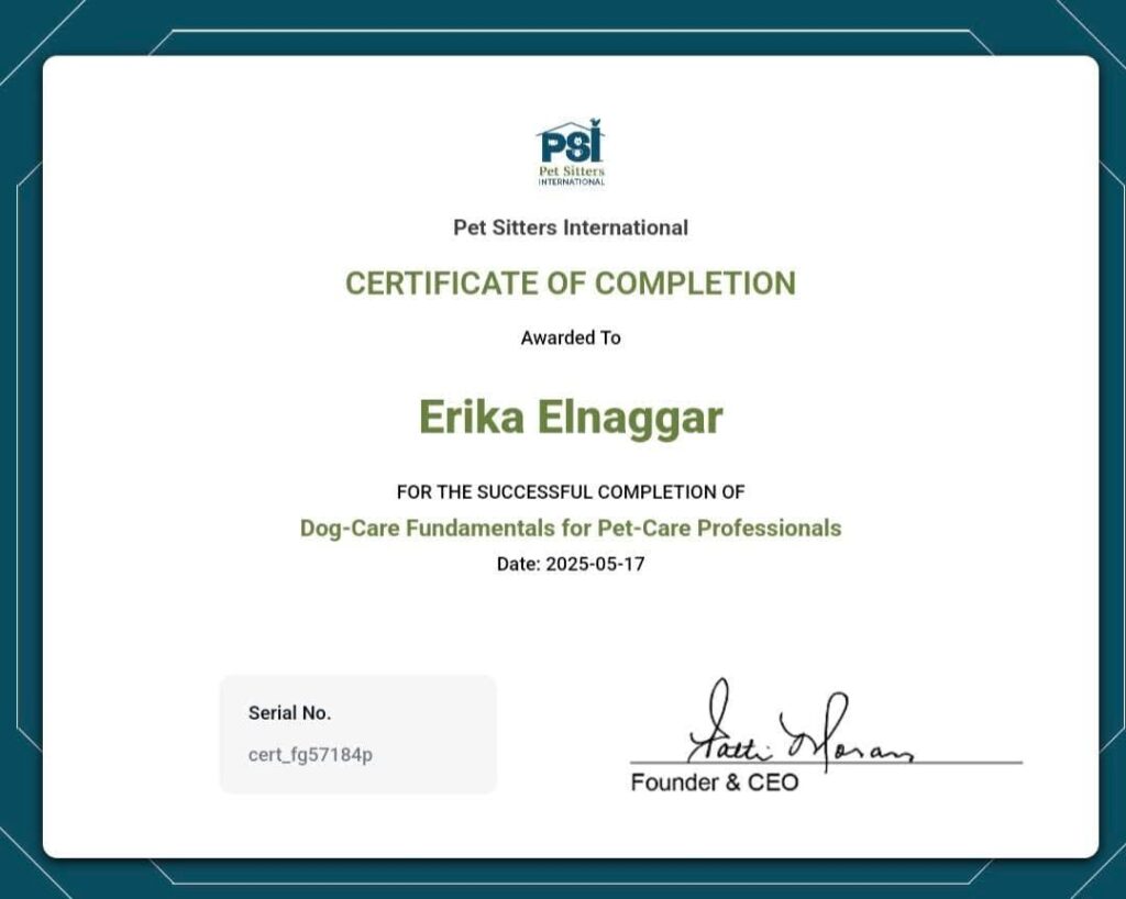 Pet Sitters International β Dog-Care Fundamentals certificate awarded to Erika Elnaggar