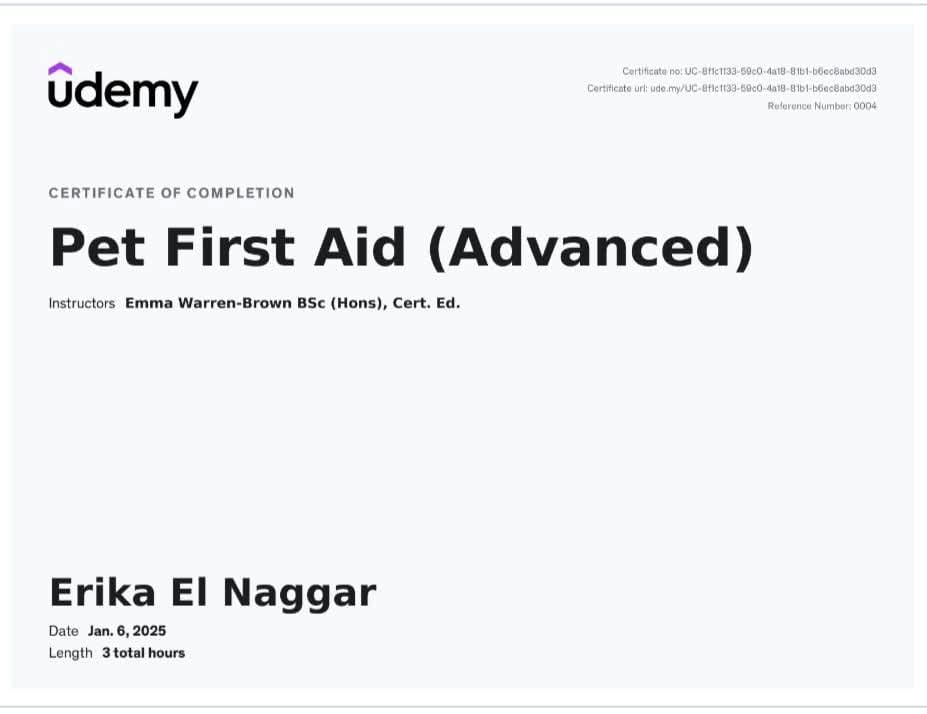 Udemy certificate β Pet First Aid (Advanced)